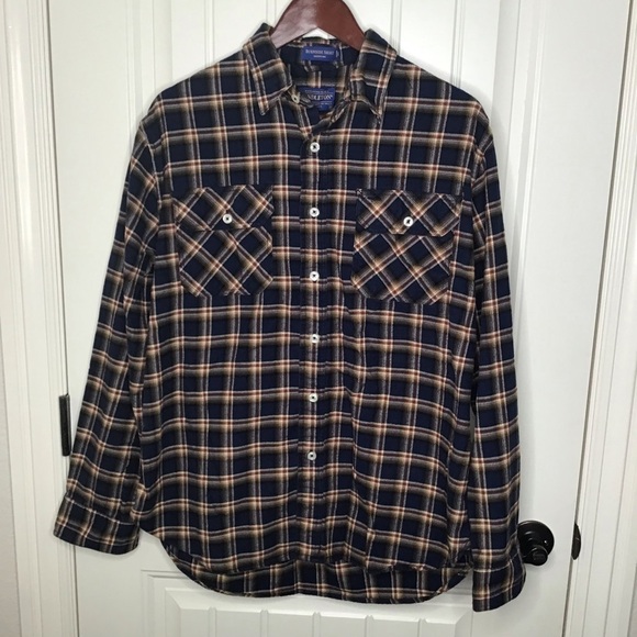 Pendleton Burnside Blue and Gold Flannel Button Down Long Sleeve Short. - Picture 2 of 6